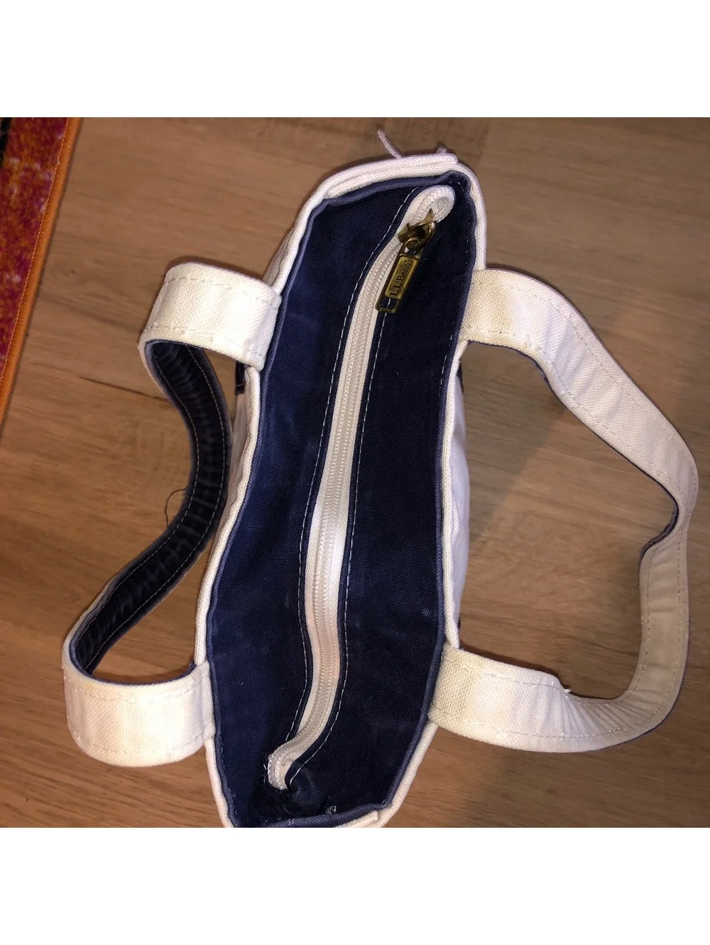 VINTAGE LL BEAN BOAT & TOTE WHITE CREAM NAVY BLUE CANVAS BAG SMALL LONG HANDLES